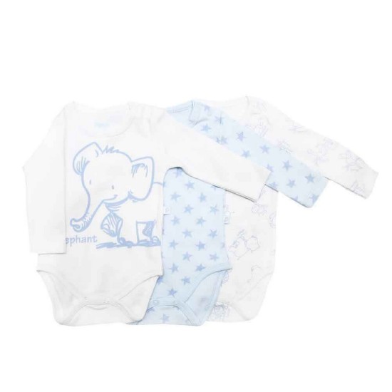 Κορμάκια μακρυμάνικα άσπρο-μπλε (σετ 3 τμχ)